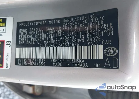 2010 Toyota Corolla S/Le/Xle from USA, damaged, VIN 2T1BU4EE2AC511676